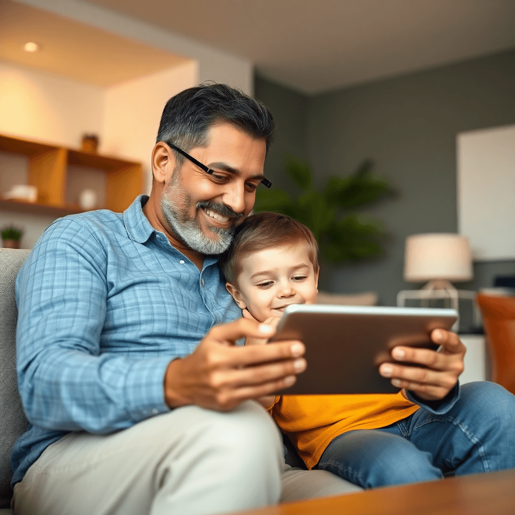 Father and son looking at a tablet screen together, smiling. They are in a modern, well-lit living room. The focus is on their interaction and the technology. Lifestyle photography.